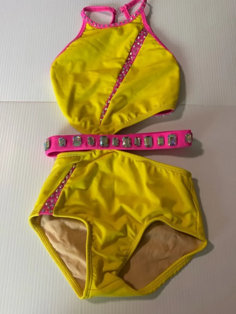 Custom Neon Yellow Pink Rhinestone Dance Costume Jazz Acro Convention Solo MC